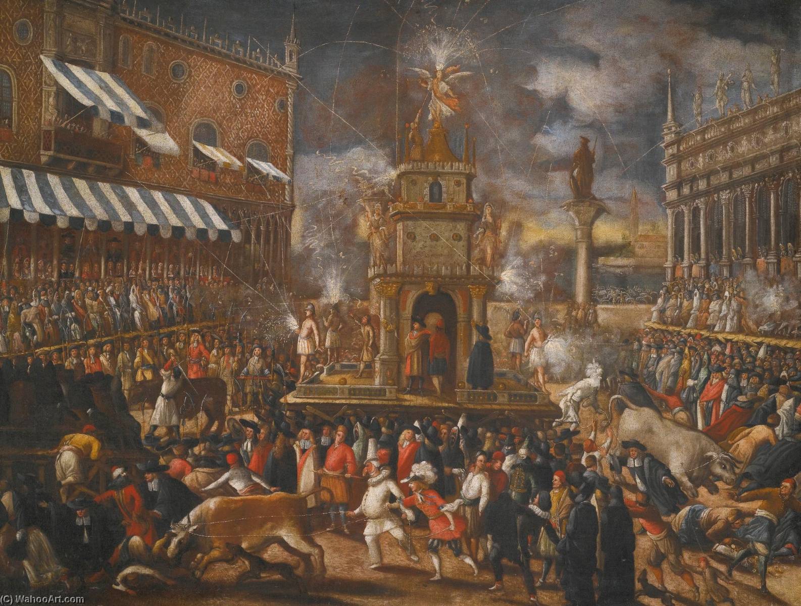 Venice, The Piazzetta At Carnival On Giovedi Grasso With A Firework Display And The Bulls Running — Joseph Heintz The Younger