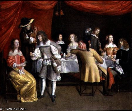 Elegant Company Dining Beneath A Red Canopy — Hieronymus Janssens