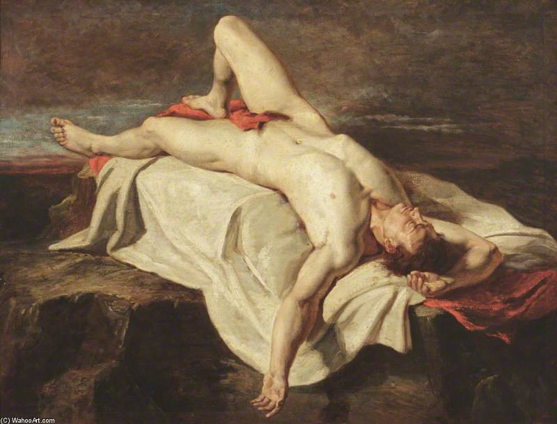 Academic Study Of A Male Nude Lying On A Shroud On Rocks — William Etty