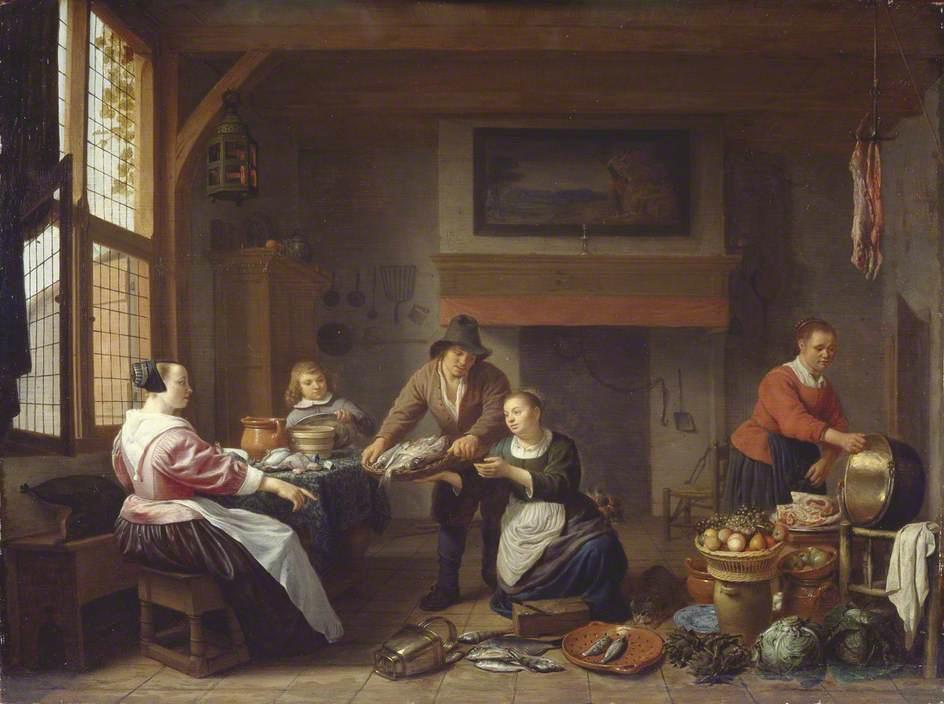 Kitchen Interior With A Man Bringing Fish For Sale — Hendrik Martensz Sorgh