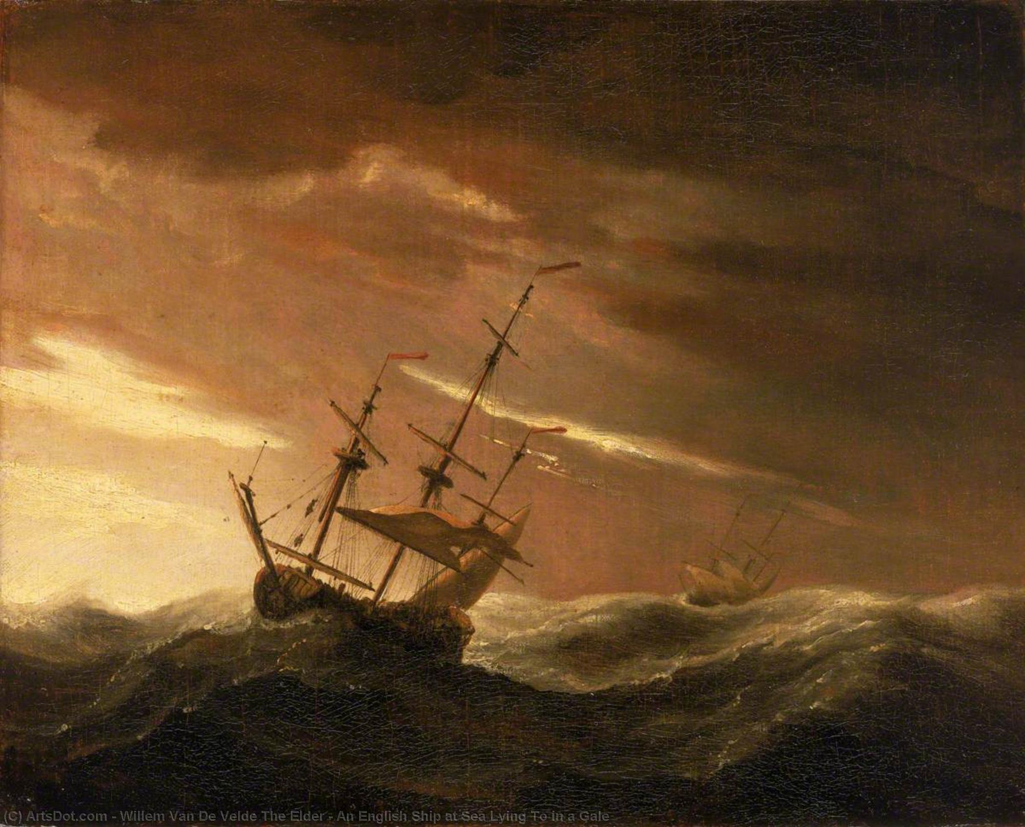 An English Ship At Sea Lying To In A Gale — Willem Van De Velde The Elder