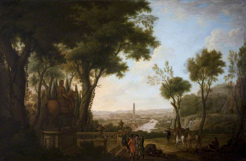 A View Of The River Boyne With Gentlemen And Horses By A Statue To William Iii In The Foreground, The Boyne Obelisk Beyond — Thomas Mitchell