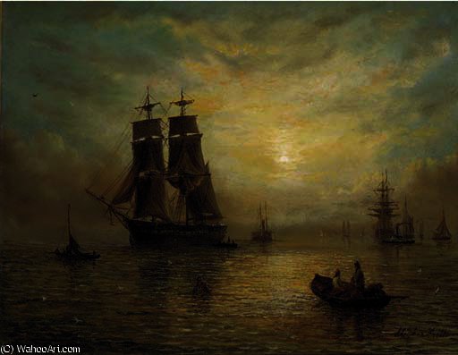 A Merchantman And Other Shipping Running In To Port At Dusk — Adolphus Knell