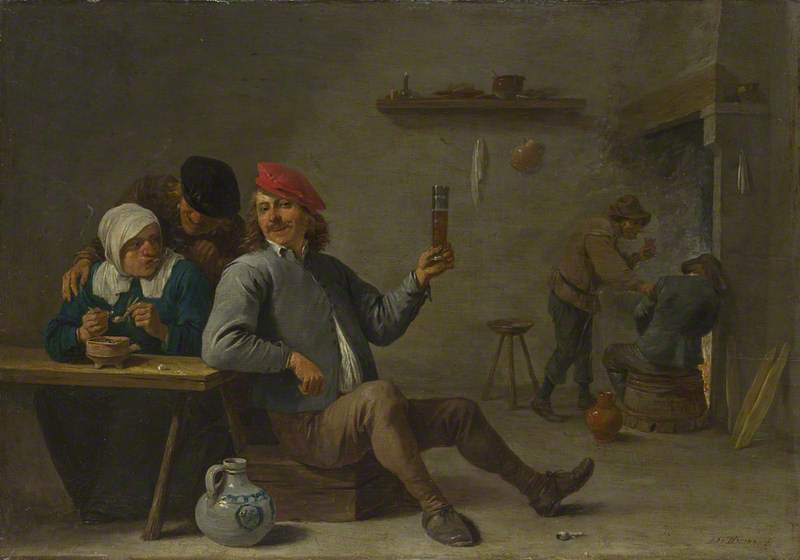 A Man Holding A Glass And An Old Woman Lighting A Pipe — David Teniers The Younger