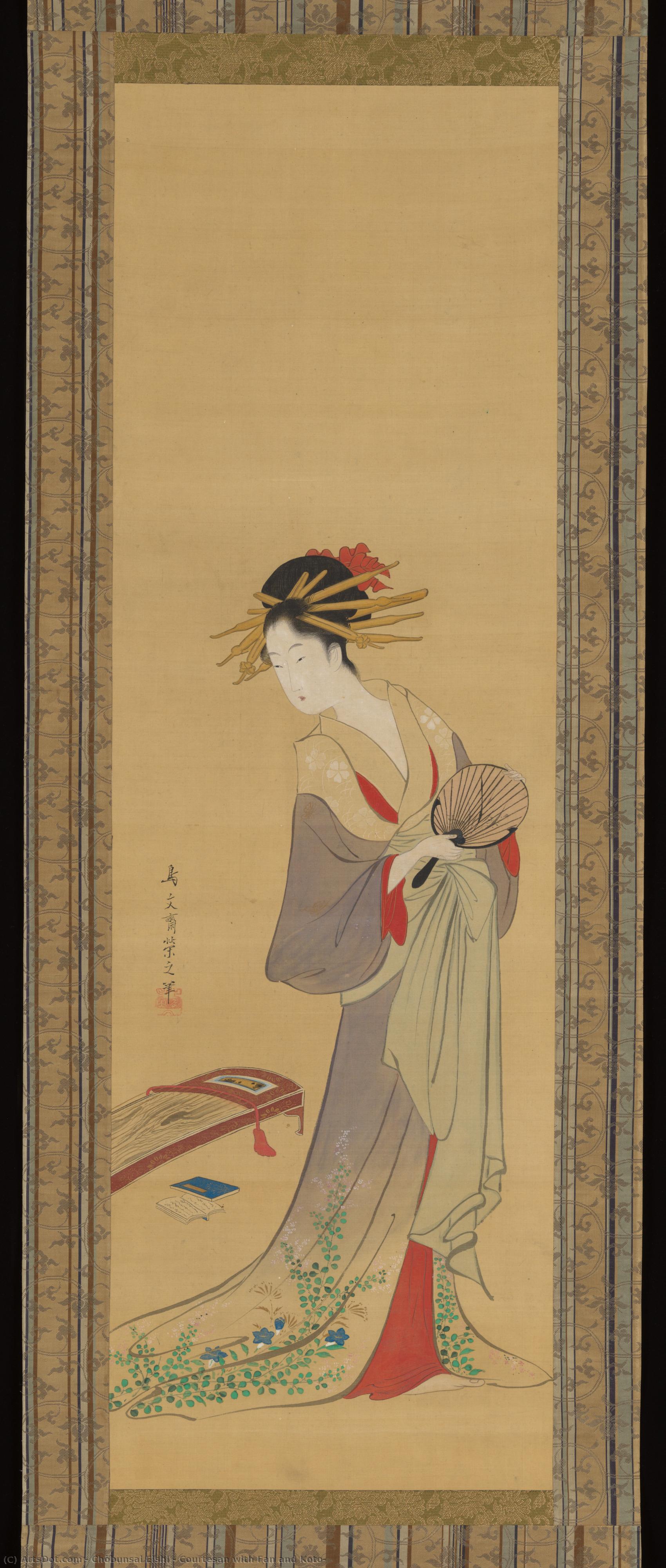 Courtesan With Fan And Koto — Chobunsai Eishi