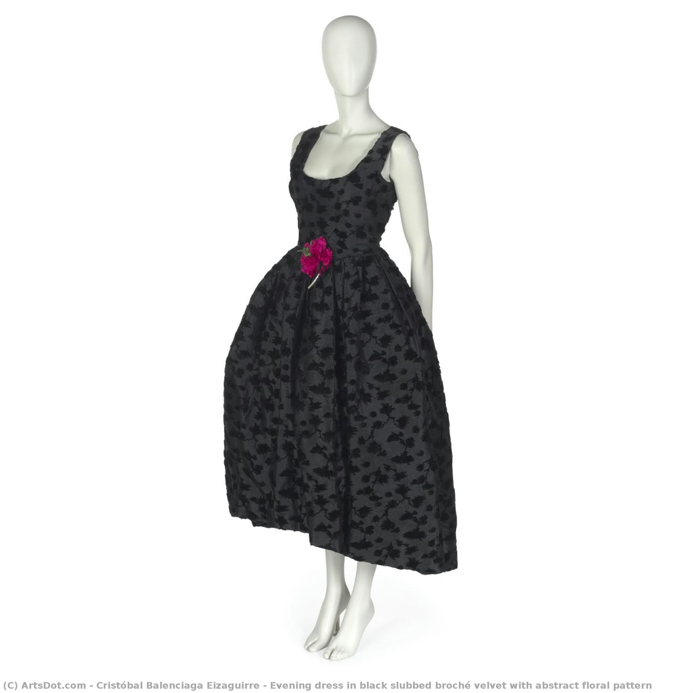 Evening Dress In Black Slubbed Broché Velvet With Abstract Floral Pattern — Cristóbal Balenciaga Eizaguirre