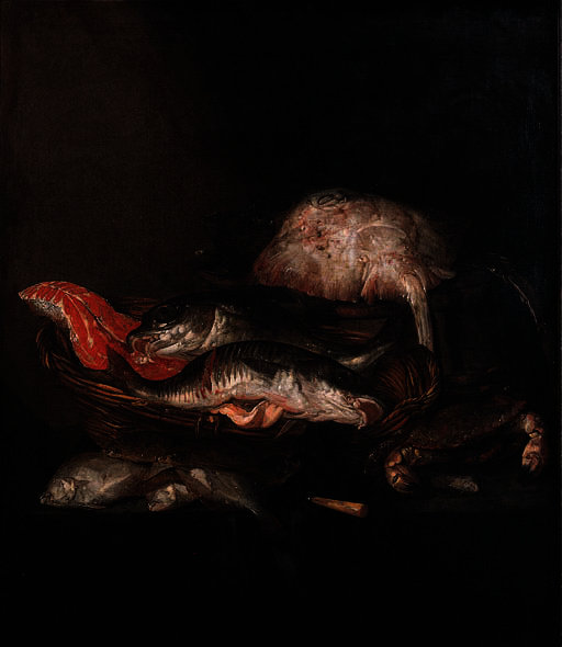 A Ray On A Barrel, A Salmon-steak, A Pike-perch And A Coalfish In A Basket With Flounders, A Knife And A Crab On A Draped Table — Abraham Hendricksz. Van Beyeren