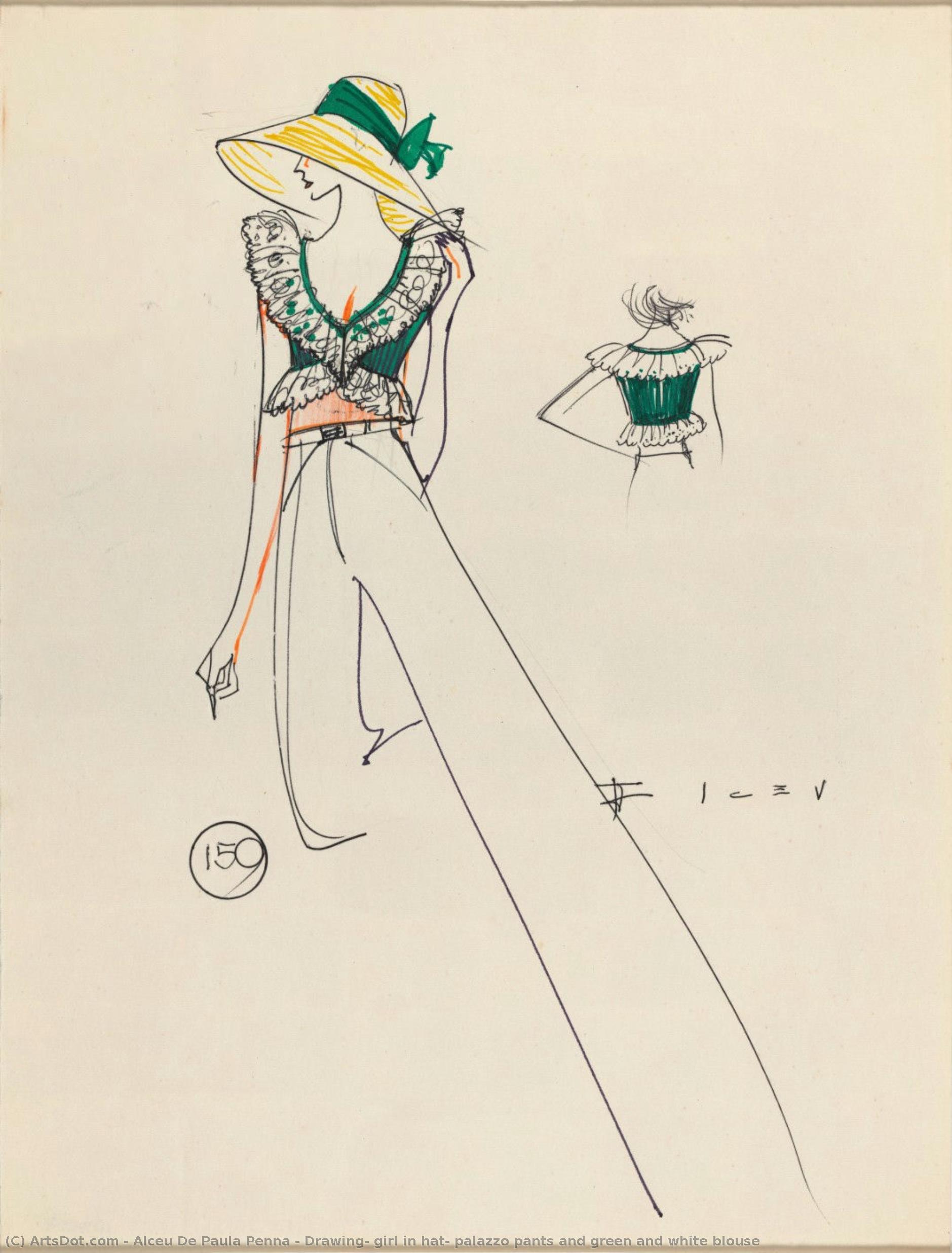 Drawing, Girl In Hat, Palazzo Pants And Green And White Blouse — Alceu De Paula Penna