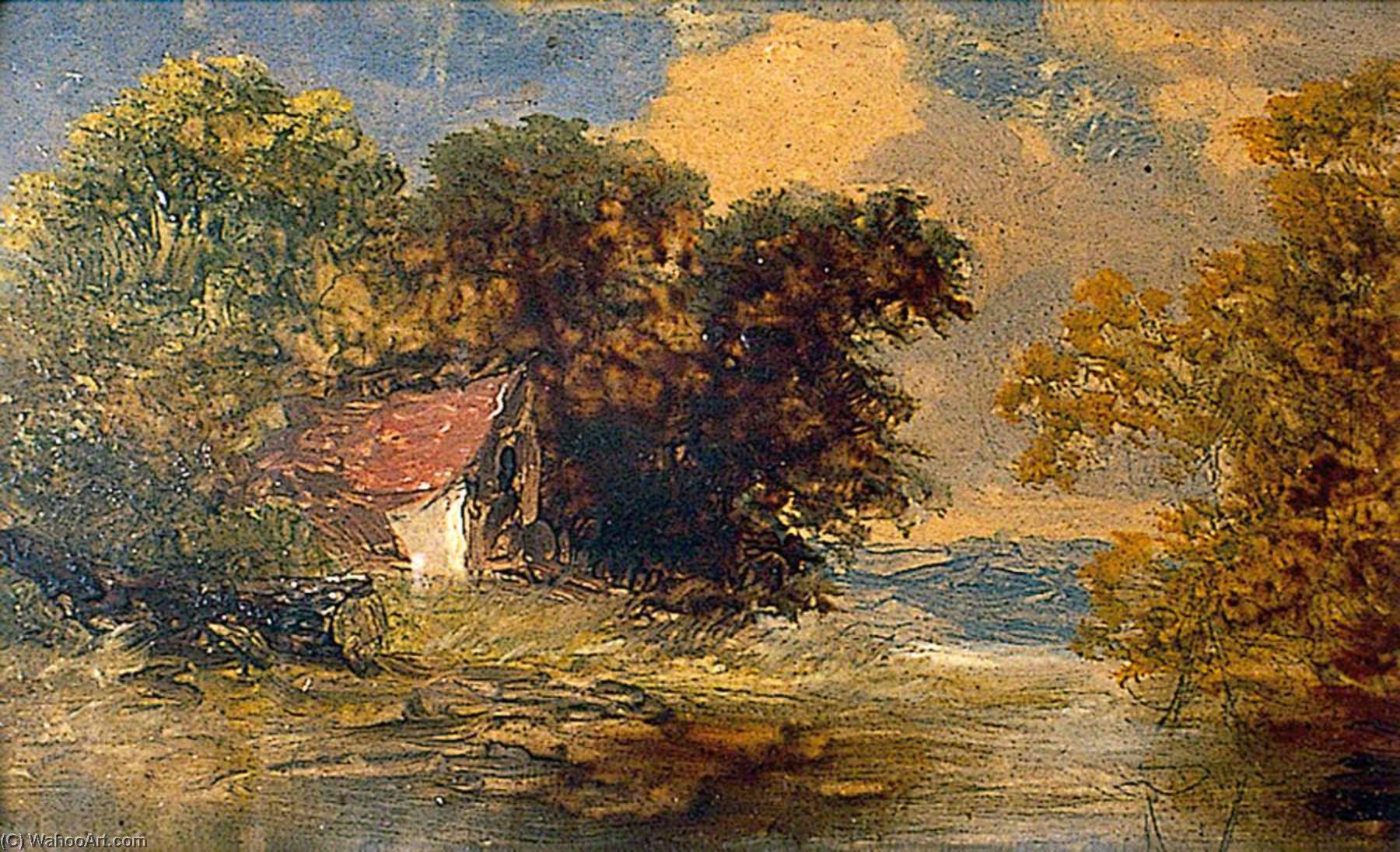 River Scene With A House With A Red Roof, Trees In The Background And A Felled Tree In The Foreground — Alfred Priest