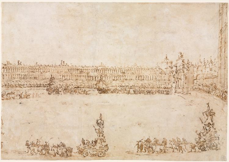 A Procession Of Triumphal Cars In The Piazza San Marco, Venice, Celebrating The Visit Of The Conti Del Nord — Francesco Lazzaro Guardi