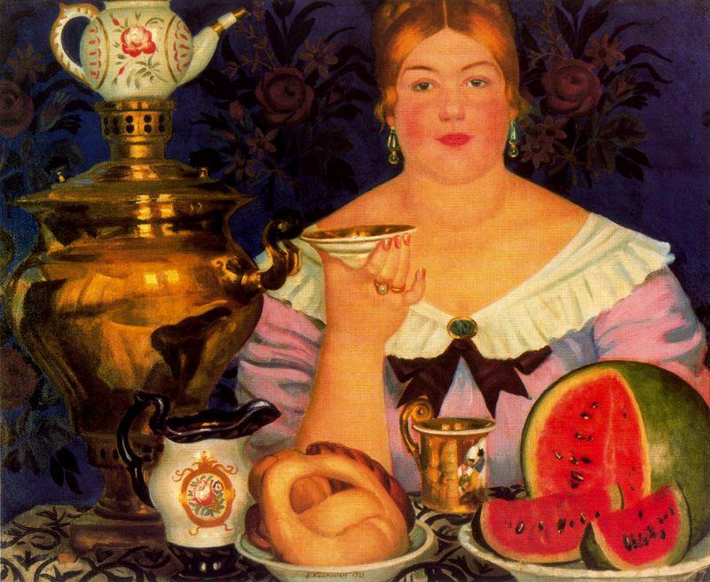 Merchant's Wife Drinkinq Tea — Boris Mikhailovich Kustodiev
