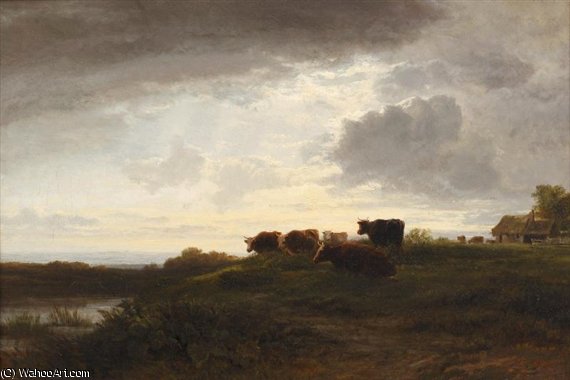 Cattle At The Water's Edge At Dusk — George Cole Senior