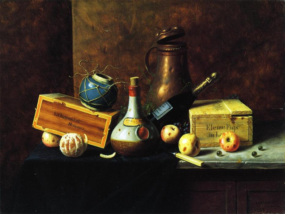Still Life (also Known As Copper Tankard, Bos, Apples, Wine Bottles, Ginger Pot, Cigar Box And Peeled Orange) — William Michael Harnett