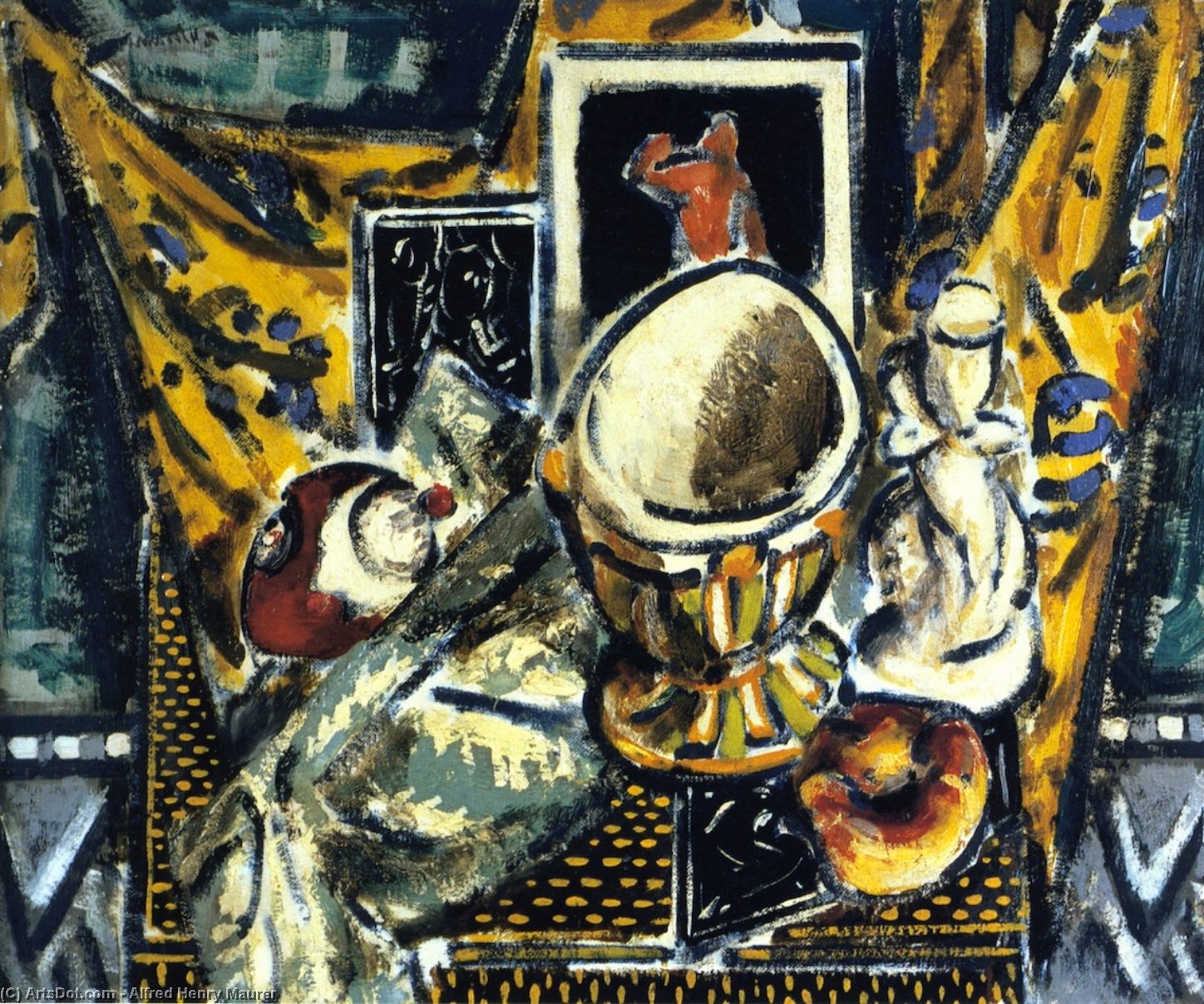 Still Life With Candlestick, Brass Bowl, And Yellow Drape — Alfred Henry Maurer