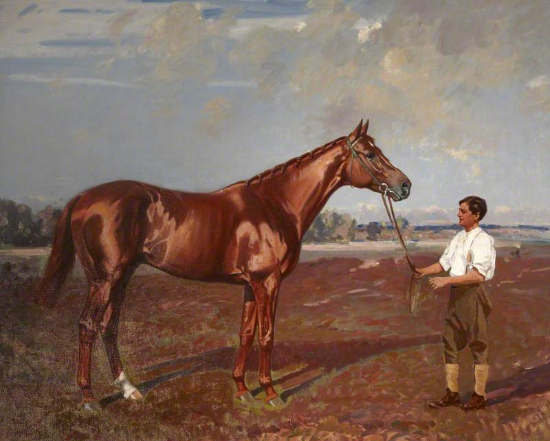 'nenemoosha', A Chestnut Racehorse On A Heath With A Groom — James Lynwood Palmer