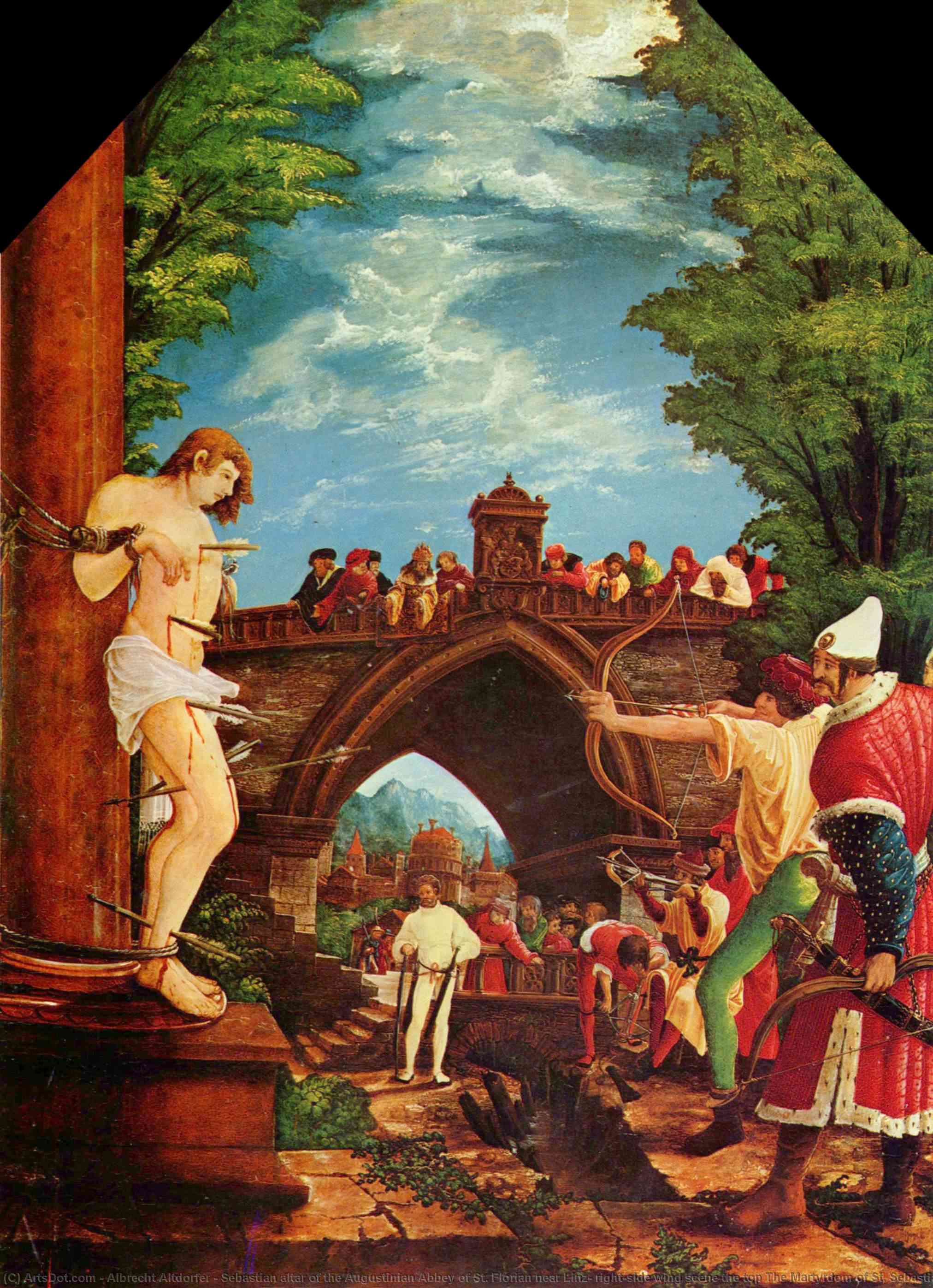 Sebastian Altar Of The Augustinian Abbey Of St. Florian Near Linz, Right-side Wing Scene The Top The Martyrdom Of St. Sebastian — Albrecht Altdorfer