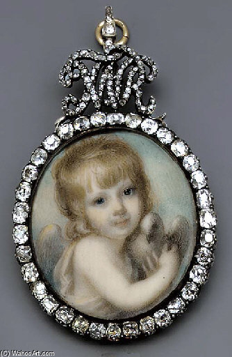 Young Child Holding A Dove, Facing Right In Loose White Robes And Wings, Curly Fair Hair — Richard Cosway