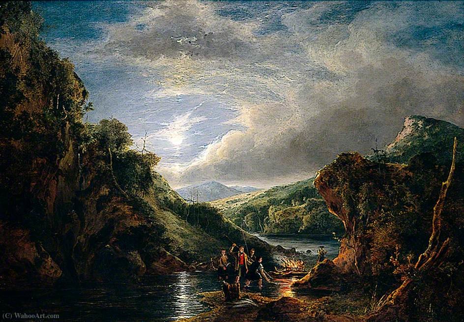 Entrance To Loch Katrine, Moonlight, Highlanders Spearing Salmon — George Vincent