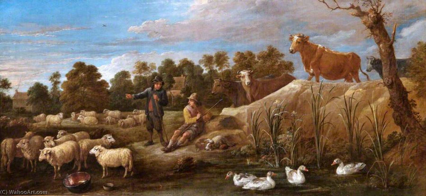 Landscape With Two Shepherds, Cattle And Ducks — David Tenije Mlađi