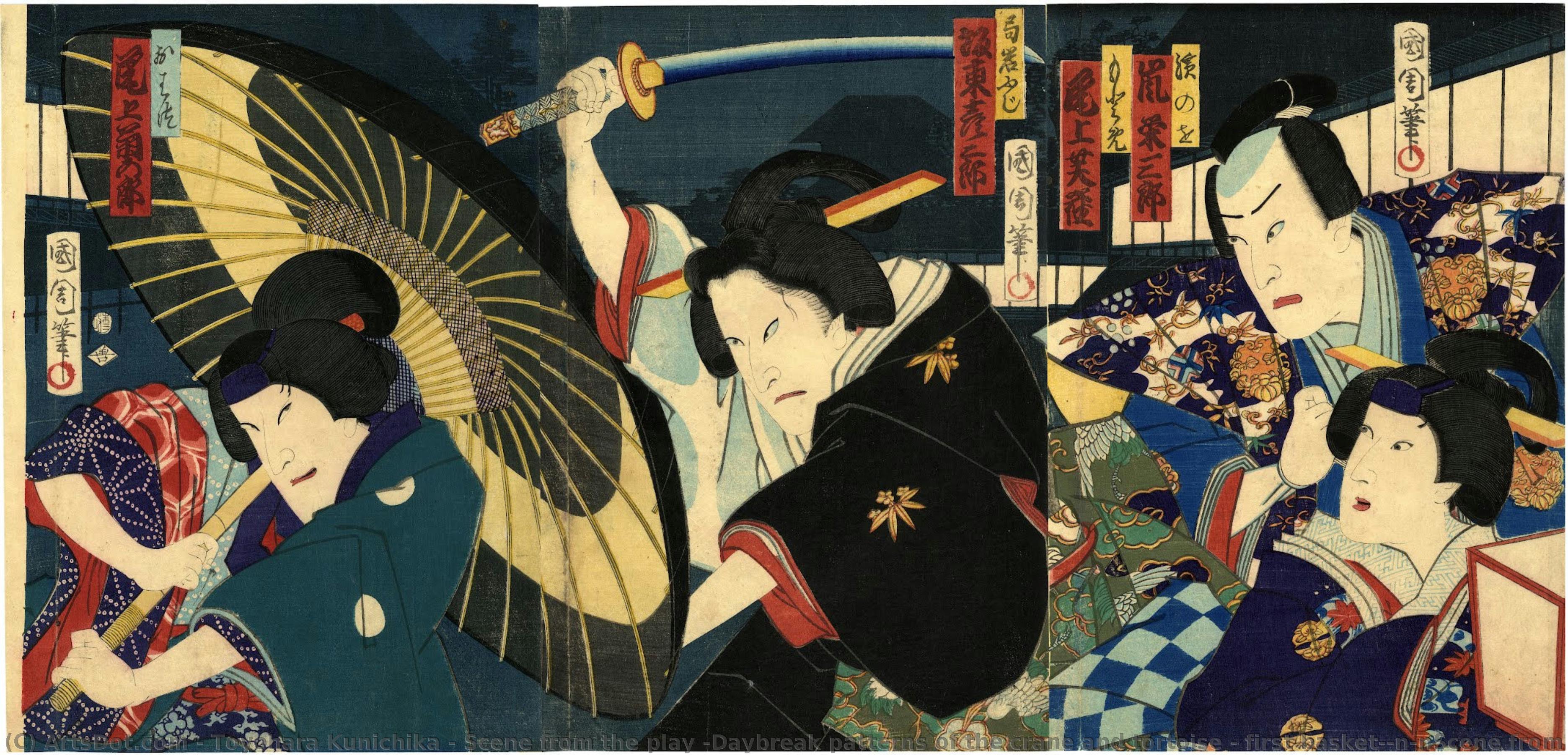 Scene From The Play “daybreak Patterns Of The Crane And Tortoise - First Basket”\n\nscene From The Play “daybreak Patterns Of The Crane And Tortoise - First Basket” — Toyohara Kunichika