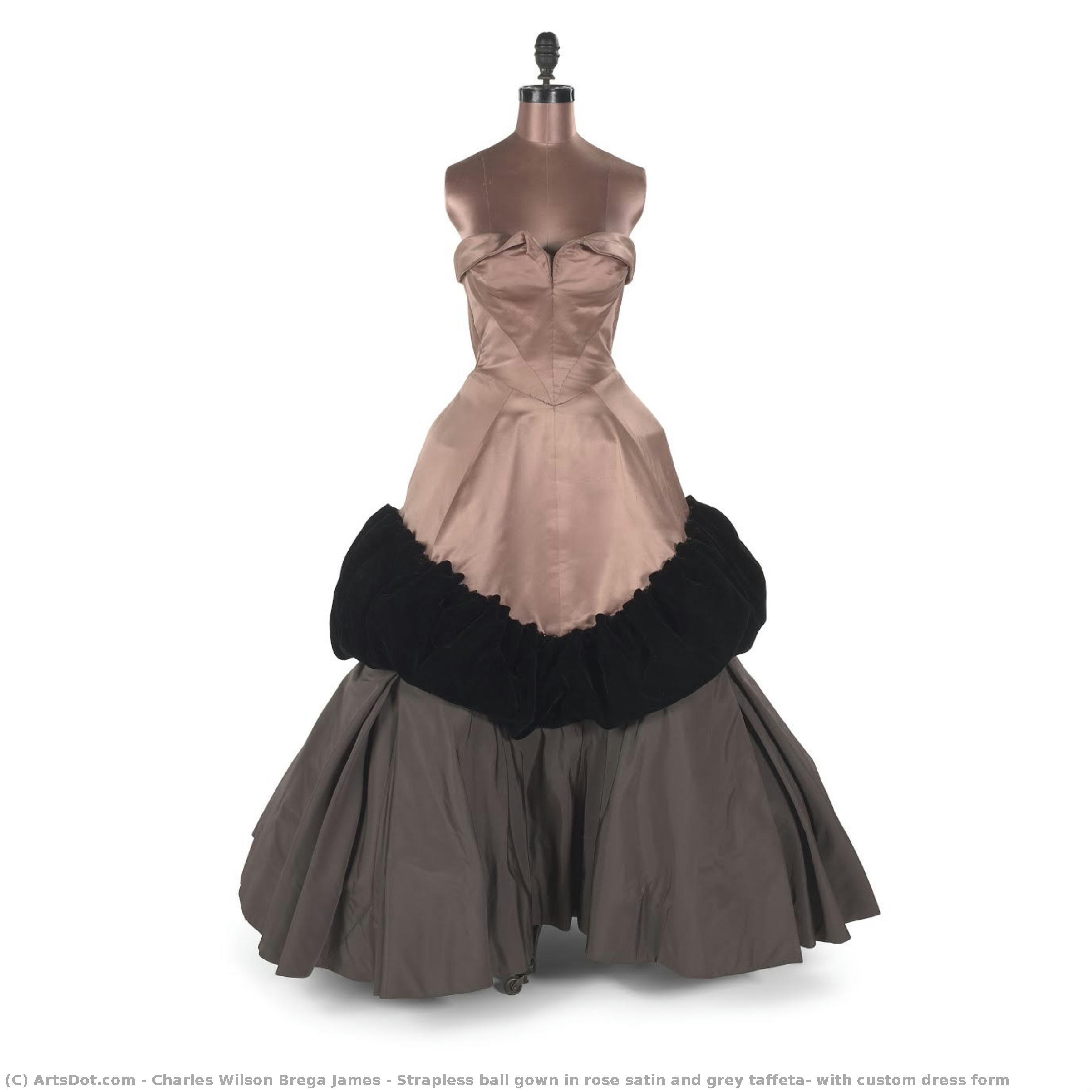 Strapless Ball Gown In Rose Satin And Grey Taffeta, With Custom Dress Form — Charles Wilson Brega James