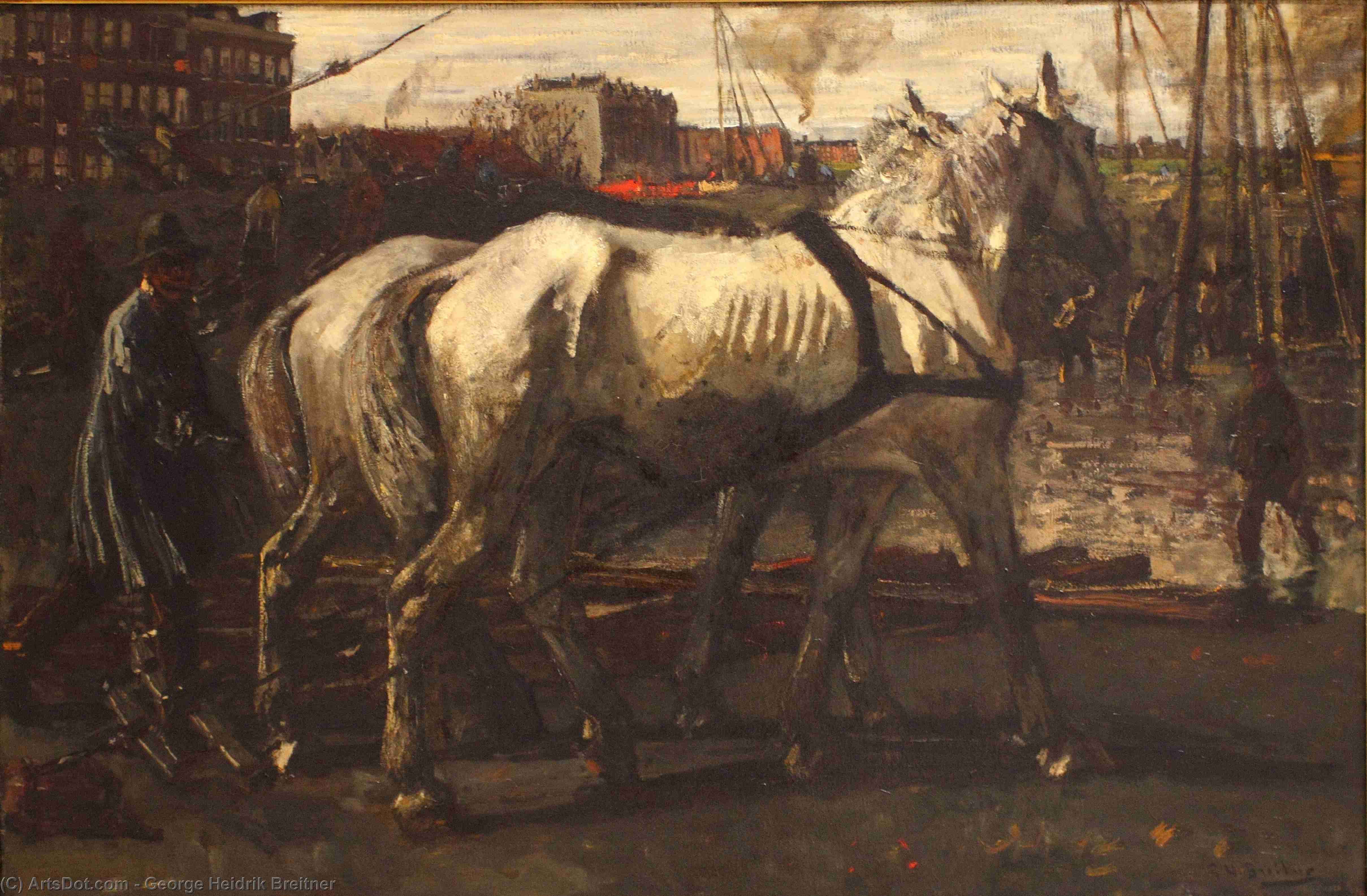 Two White Horses Pulling Posts In Amsterdam — George Heidrik Breitner