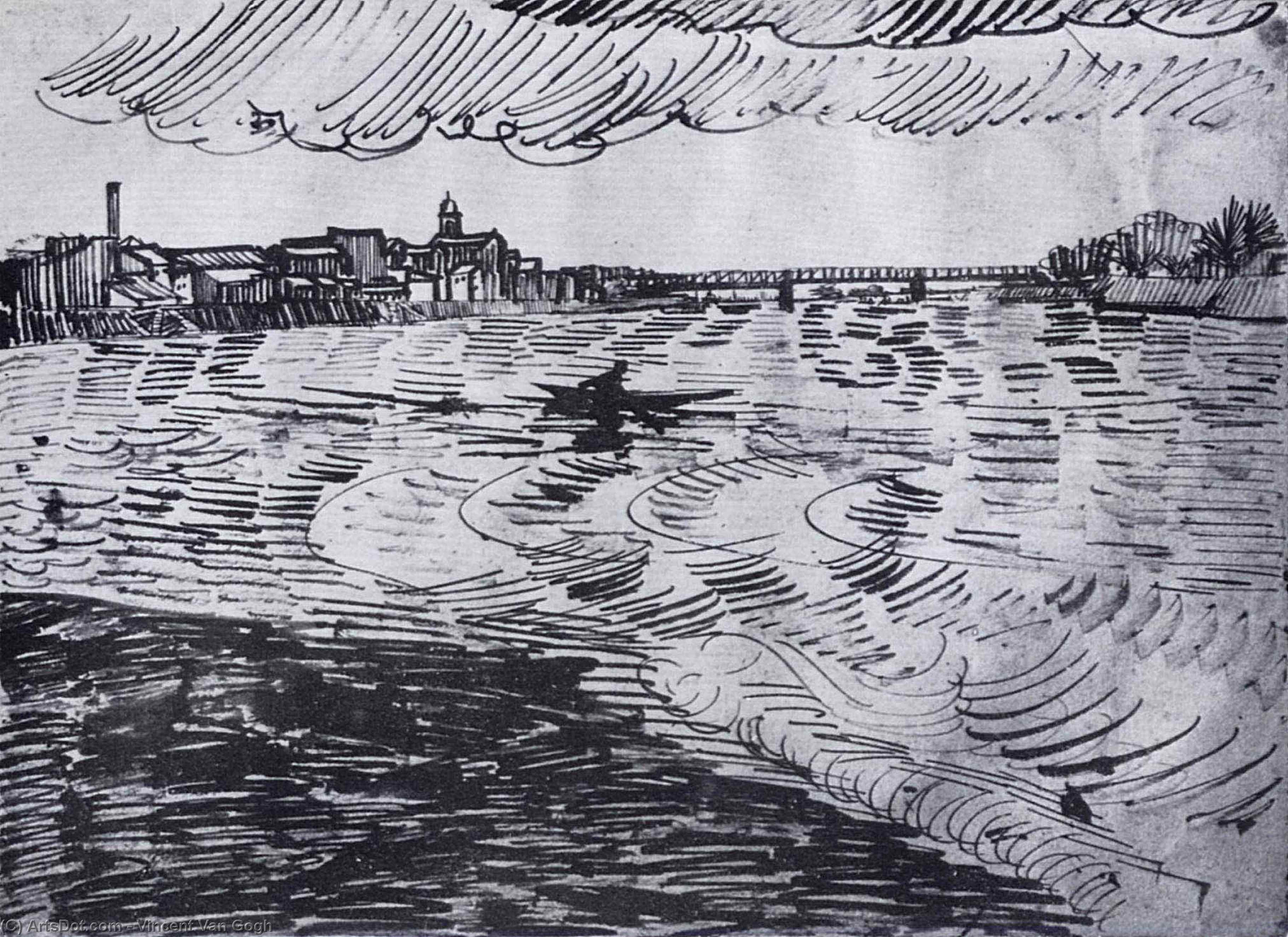 Rhone With Boats And A Bridge — Vincent Van Gog