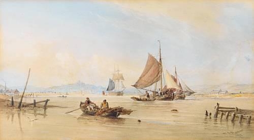 Barges And A Trading Brig At Work In An Estuary — Thomas Sewell Robins