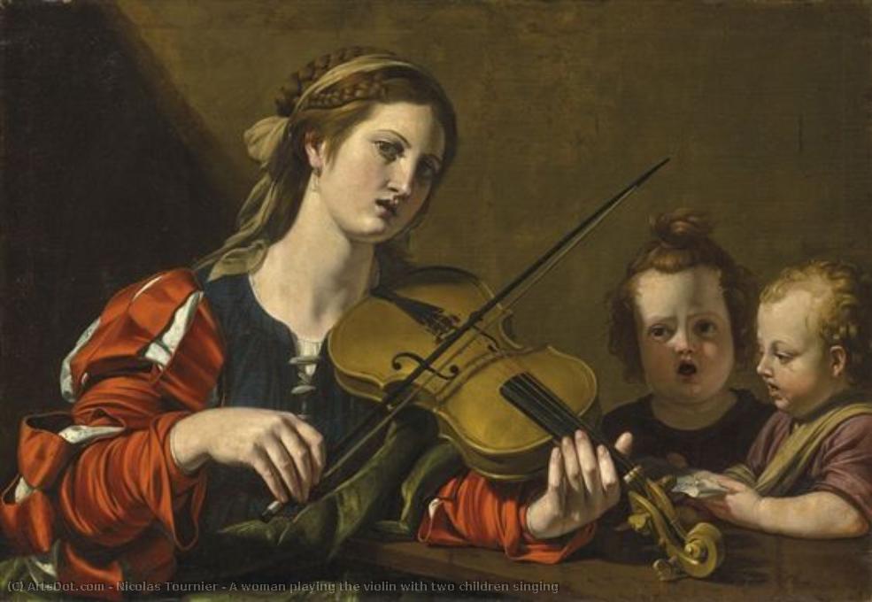 A Woman Playing The Violin With Two Children Singing — Nicolas Tournier