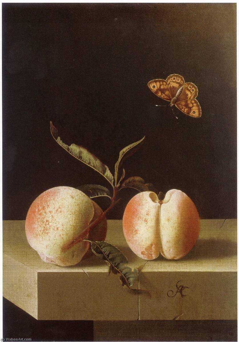 English Two Peaches And A Fritillary Butterfly On A Stone Plinth — After Adriaen Coorte