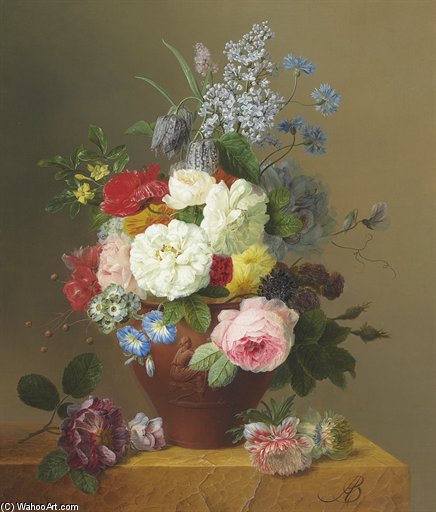 Roses, Poppies, Cornflowers, Convulvulus, Jasmine, Fritilleries, A Primula, A Peony, And Lilac In A Terracotta Vase With A Sprig Of Roses And Other Flowers On A Stone Ledge — Arnoldus Bloemers