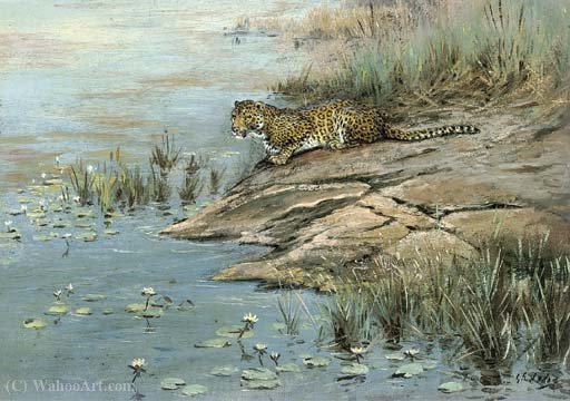 A Leopard By The Water's Edge — George Edward Lodge