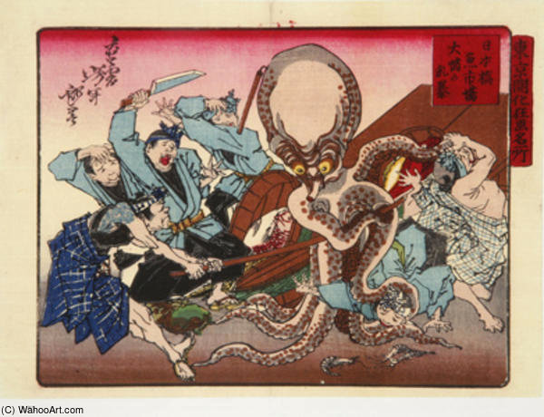 An Octopus Fights Back At Nihonbashi Fish Market — Tsukioka Yoshitoshi