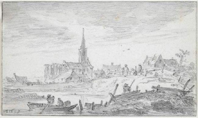 Village With Partly Ruined Church; Dinghy In Foreground — Jan Josephszoon Van Goyen