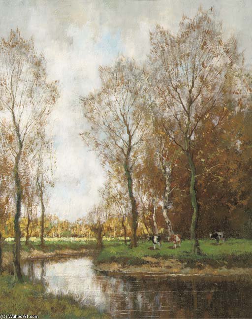 Cows Grazing By A Stream In A Wooded Landscape — Arnold Marc Gorter
