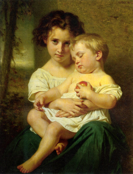 Jeune Fille Tenant Un Enfant Endormi — Hugues Merle