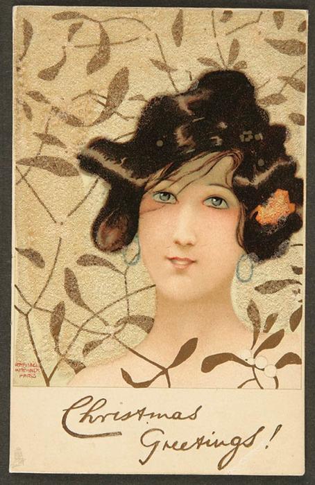 Girls Heads On Christmas-foliage Background — Raphael Kirchner