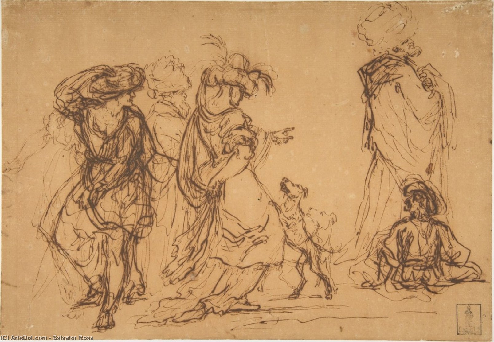 Five Figures In Fantastic Costumes With Two Dogs — Salvator Rosa