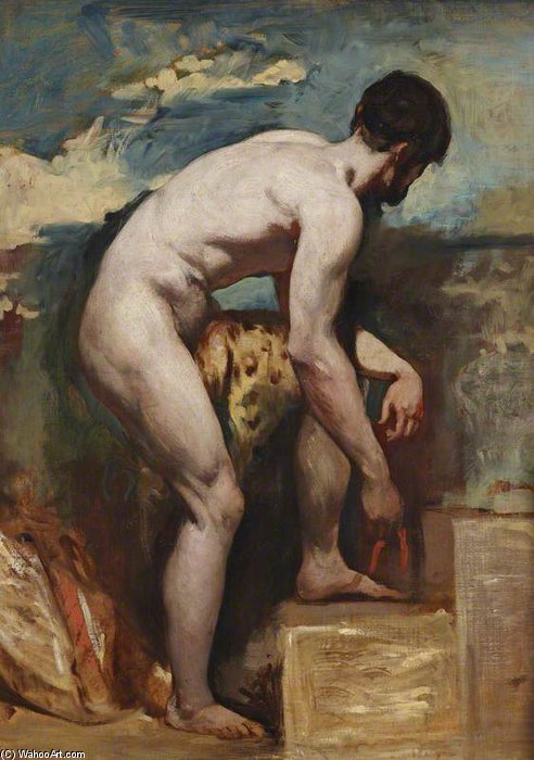 An Academic Nude Of A Man Tying His Sandal — William Etty
