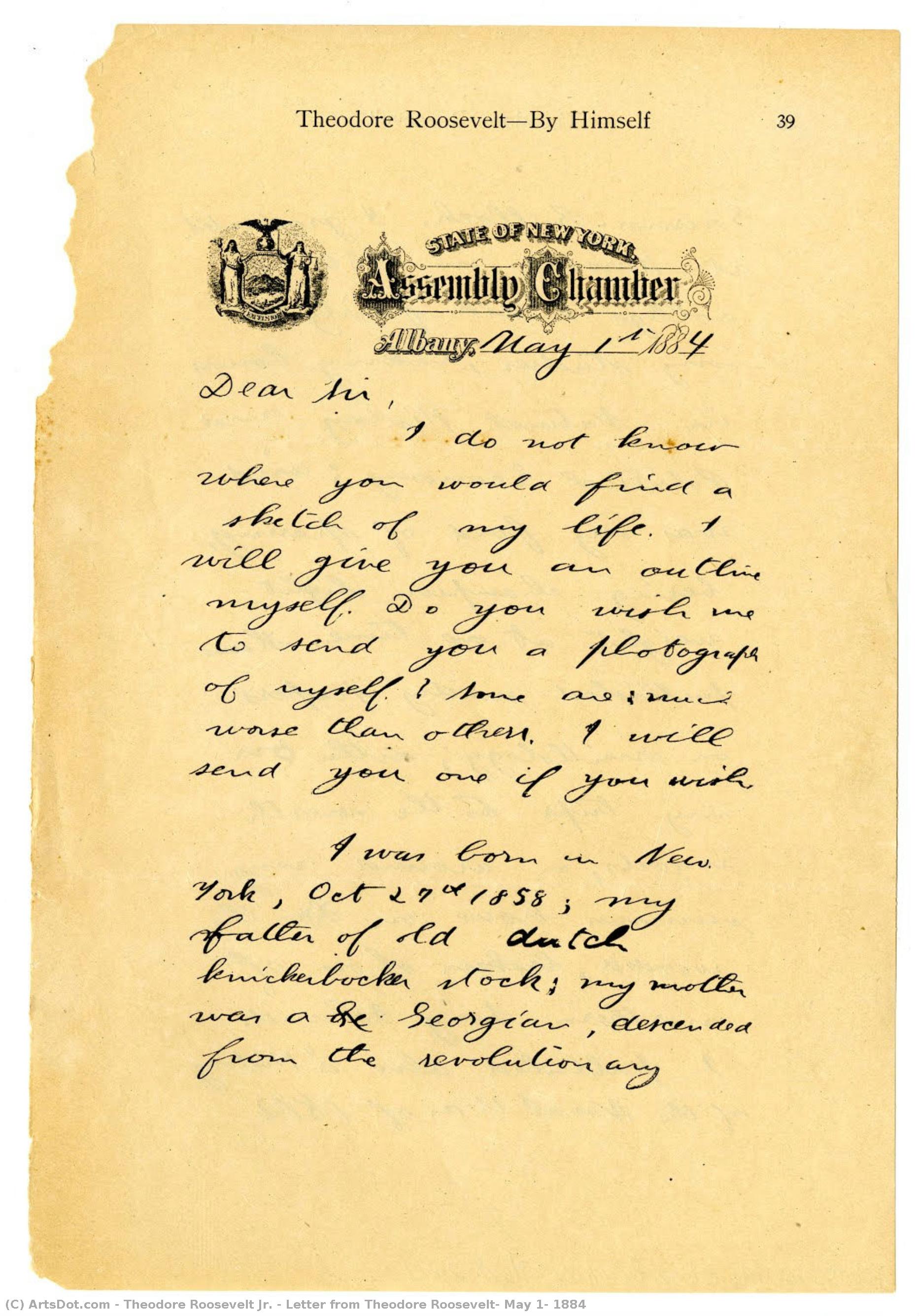 Letter From Theodore Roosevelt, May 1, 1884 — Theodore Roosevelt Jr.