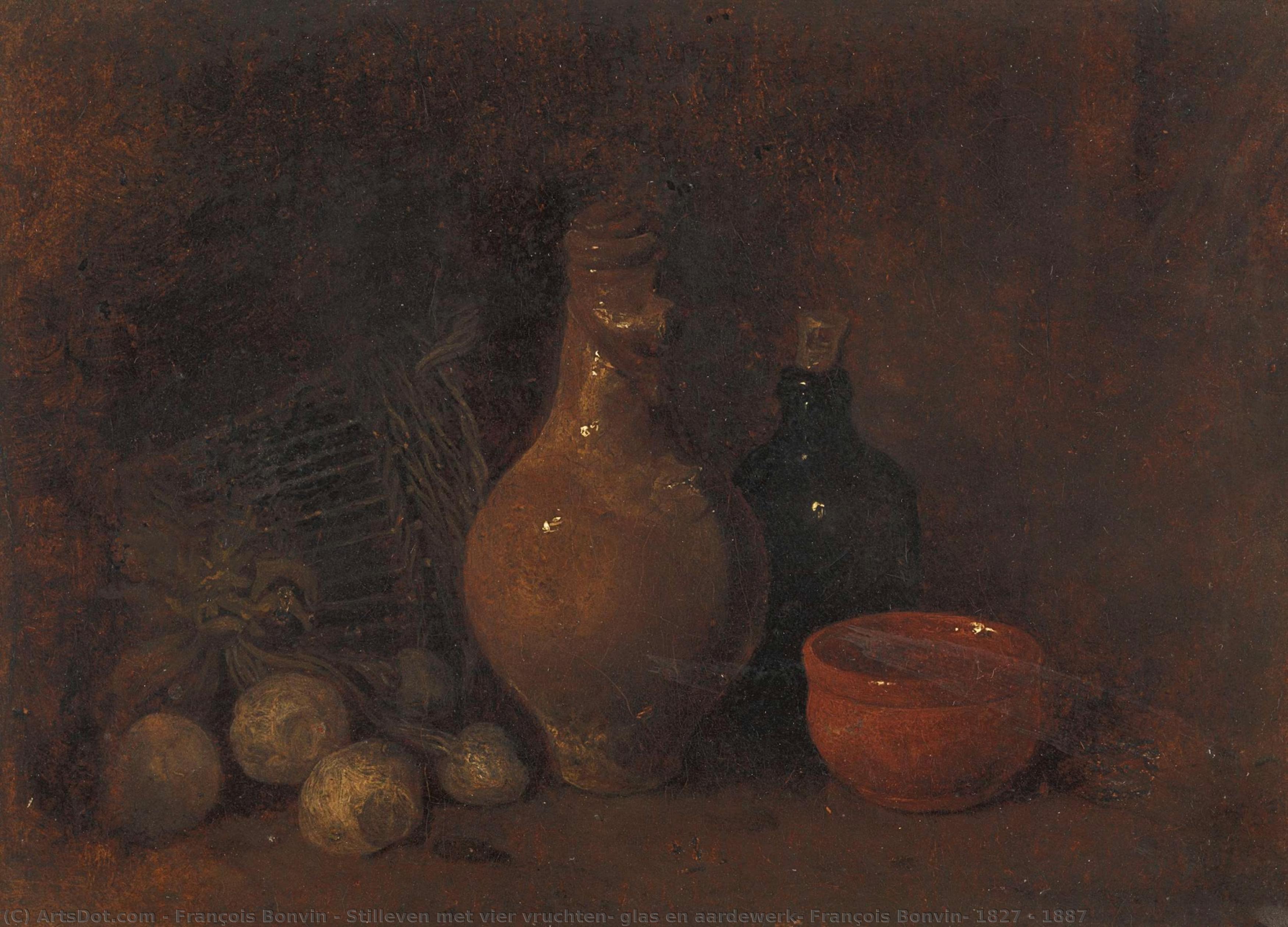 Stilleven Met Vier Vruchten, Glas En Aardewerk, François Bonvin, 1827 - 1887 — François Bonvin