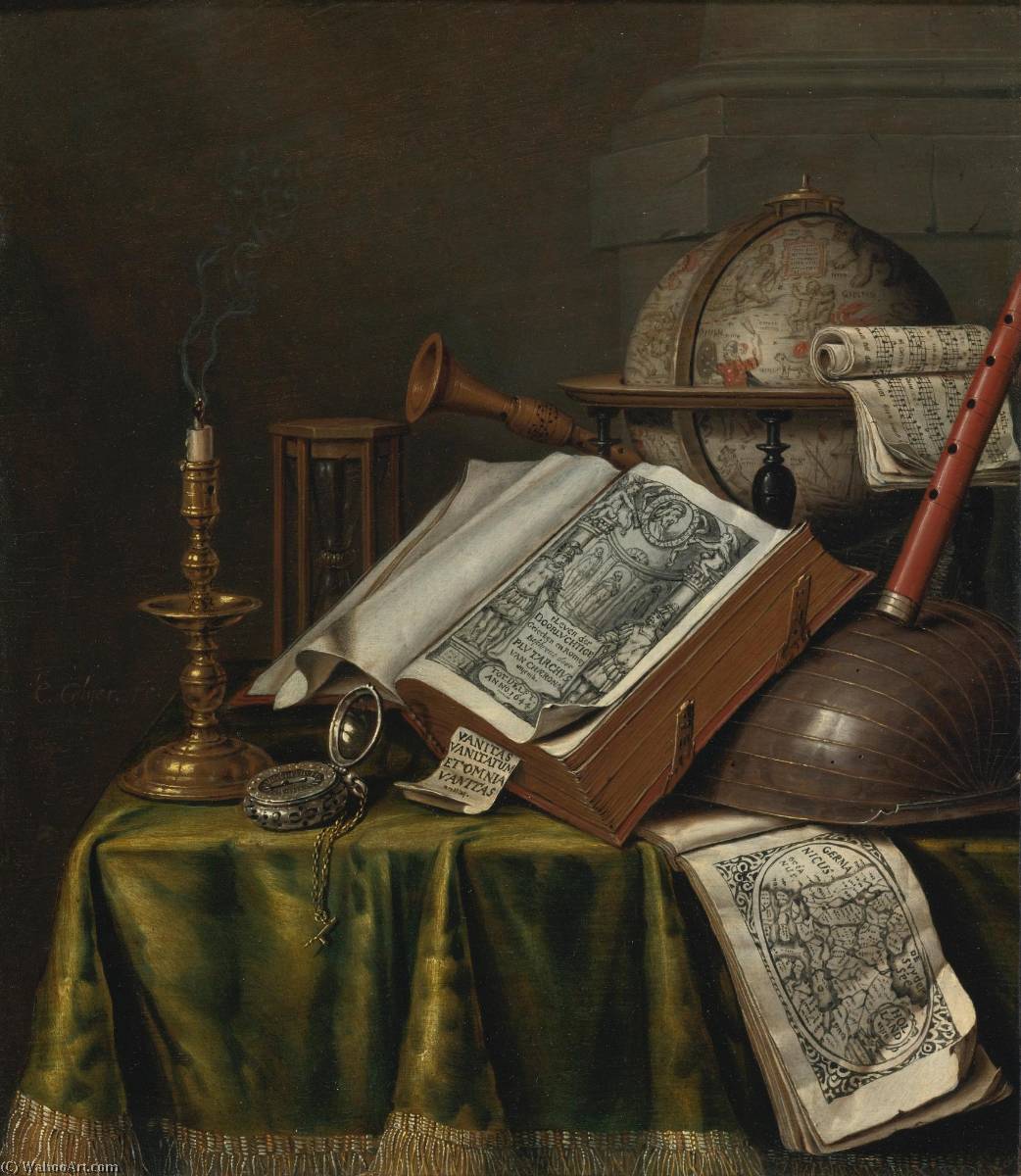 Vanitas Still Life With A Candlestick, Books, Musical Instruments, An Astrological Globe, A Pocket Watch, And An Hourglass All On A Draped Table — Edwaert Collier
