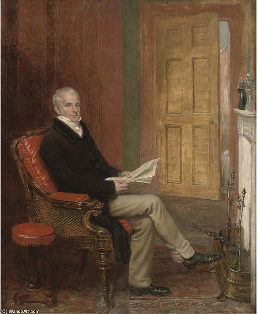 Portrait Of A Gentleman, Seated Full-length, Before A Fireplace, Reading A Newspaper — Andrew Geddes