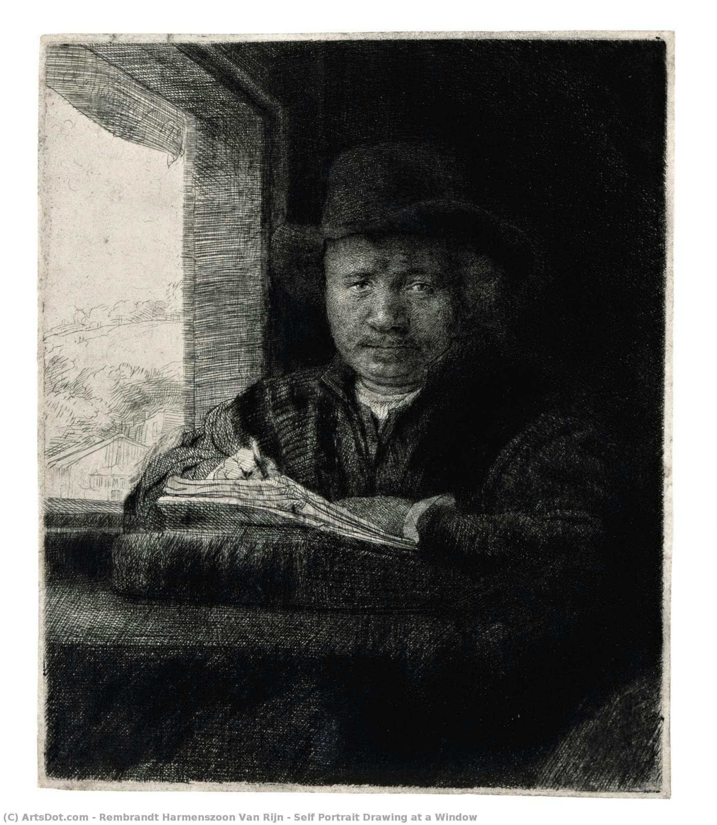 Self Portrait Drawing At A Window — Рембрант