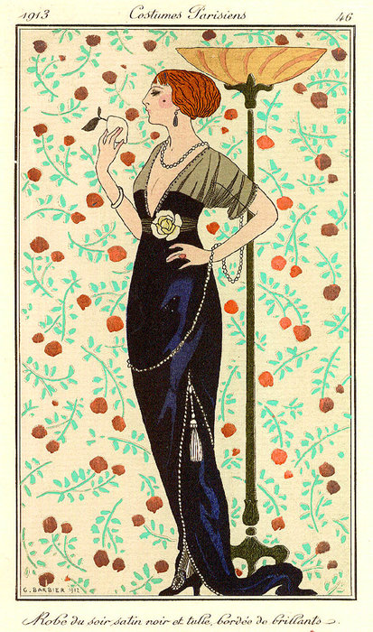 Robe Du Soir Satin Noir Et Tulle — Georges Barbier