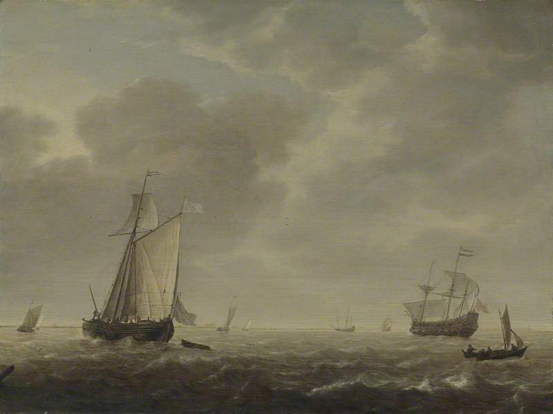 A Dutch Man Of War And Various Vessels In A Breeze — Simon Jacobsz De Vlieger