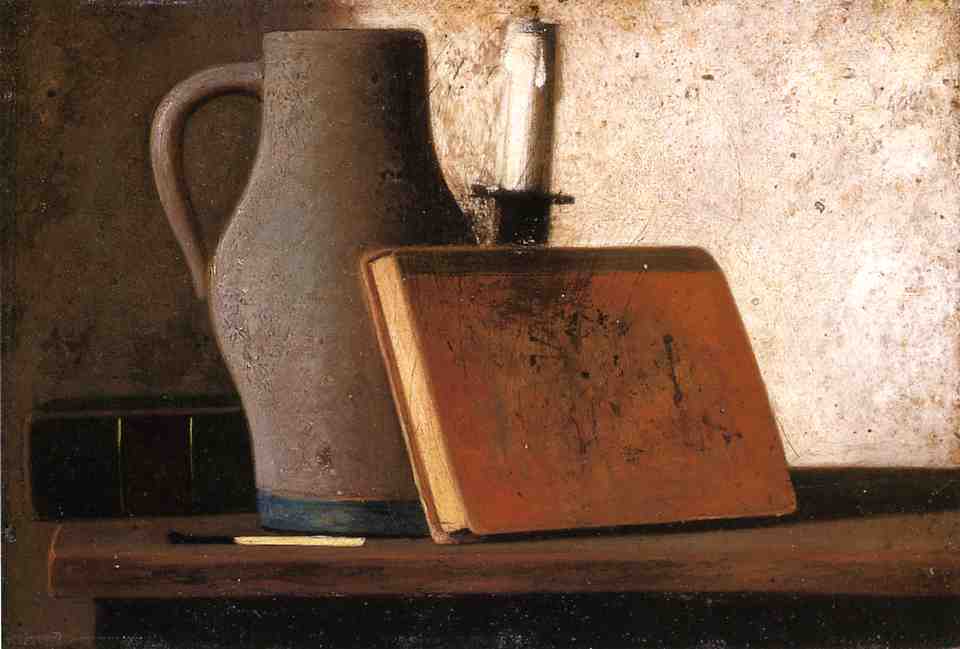 Still Life With Pitcher, Candlestock, Books And Match — John Frederick Peto
