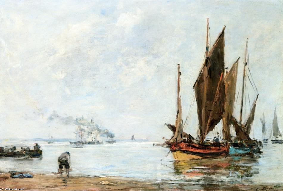Boats At Anchor Along The Shore — Eugène Louis Boudin
