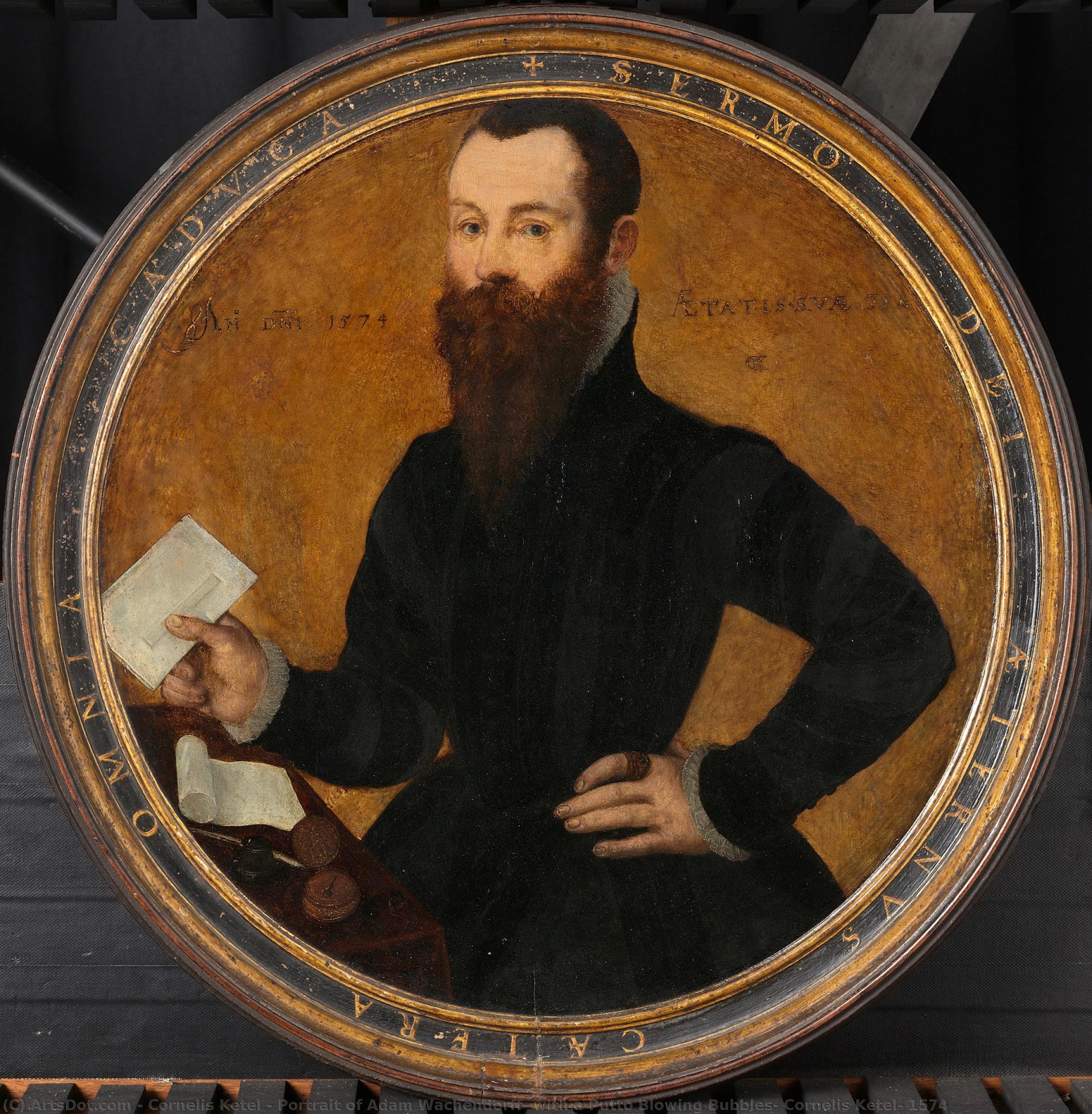 Portrait Of Adam Wachendorff, With A Putto Blowing Bubbles, Cornelis Ketel, 1574 — Cornelis Ketel