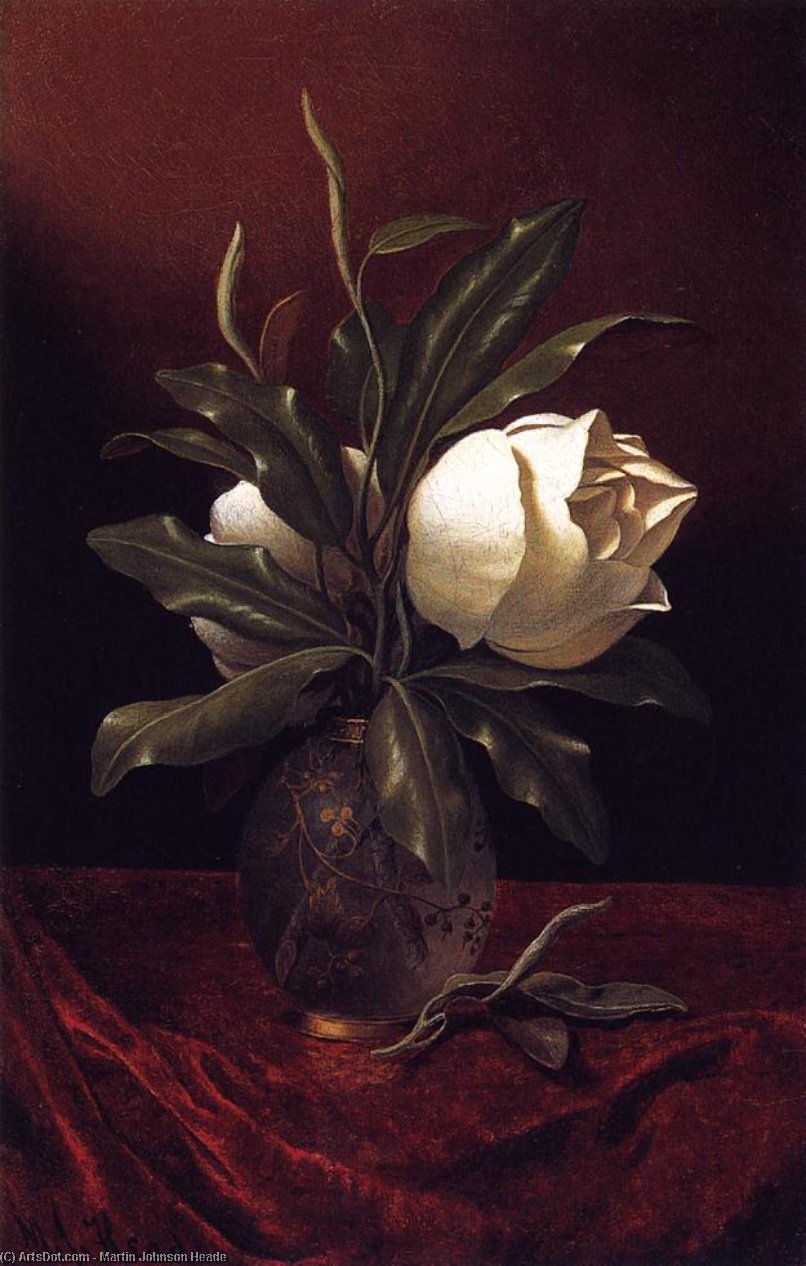 Two Magnolia Blossoms In A Glass Vase — Martin Johnson Heade